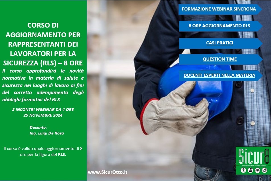 Corso di aggiornamento per rappresentanti dei lavoratori per la sicurezza (RLS) – 8 ore