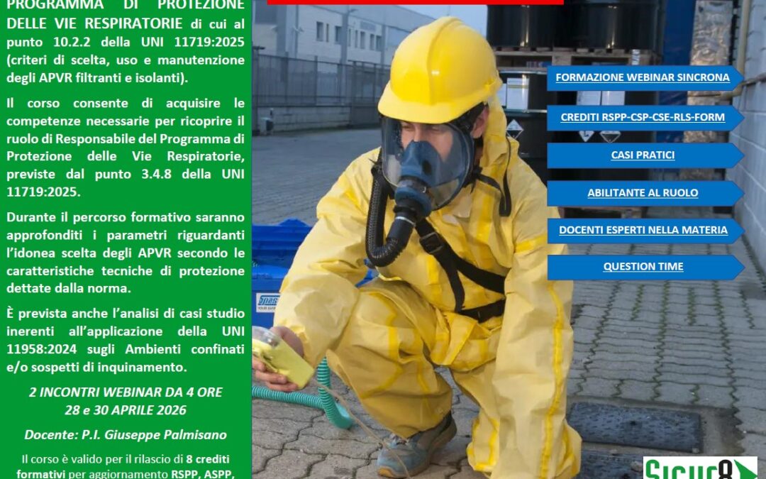 Corso per Responsabile del Programma di Protezione delle vie respiratorie di cui alla UNI 11719:2025