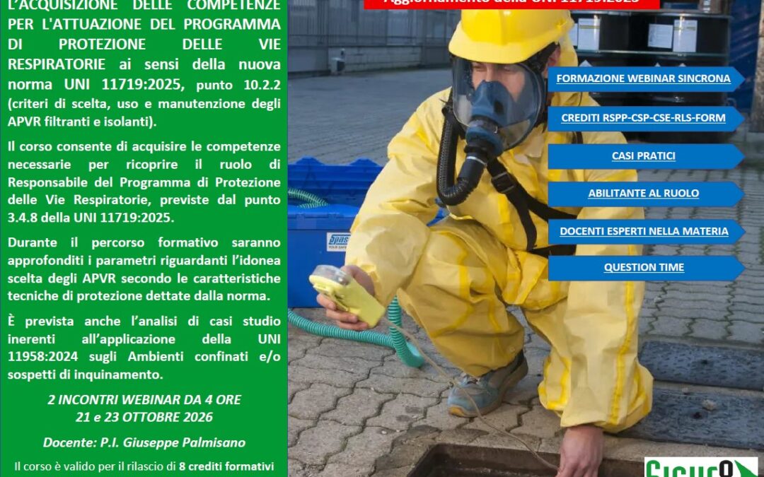 Corso per Responsabile del Programma di Protezione delle vie respiratorie di cui alla UNI 11719:2025